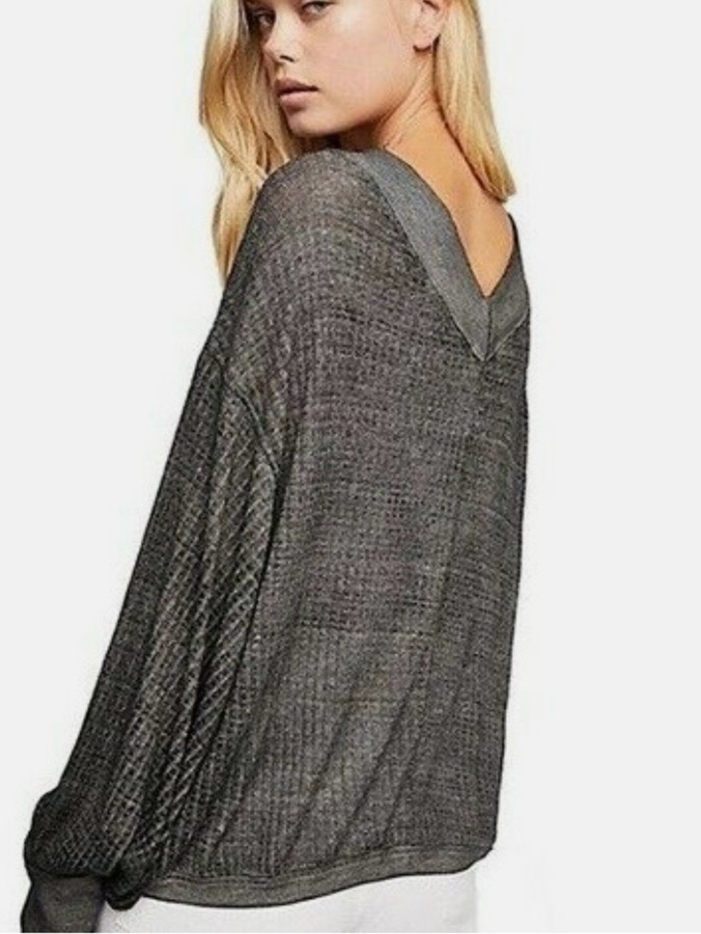 We The Free Charcoal V-Neck Waffle Knit Thermal Top